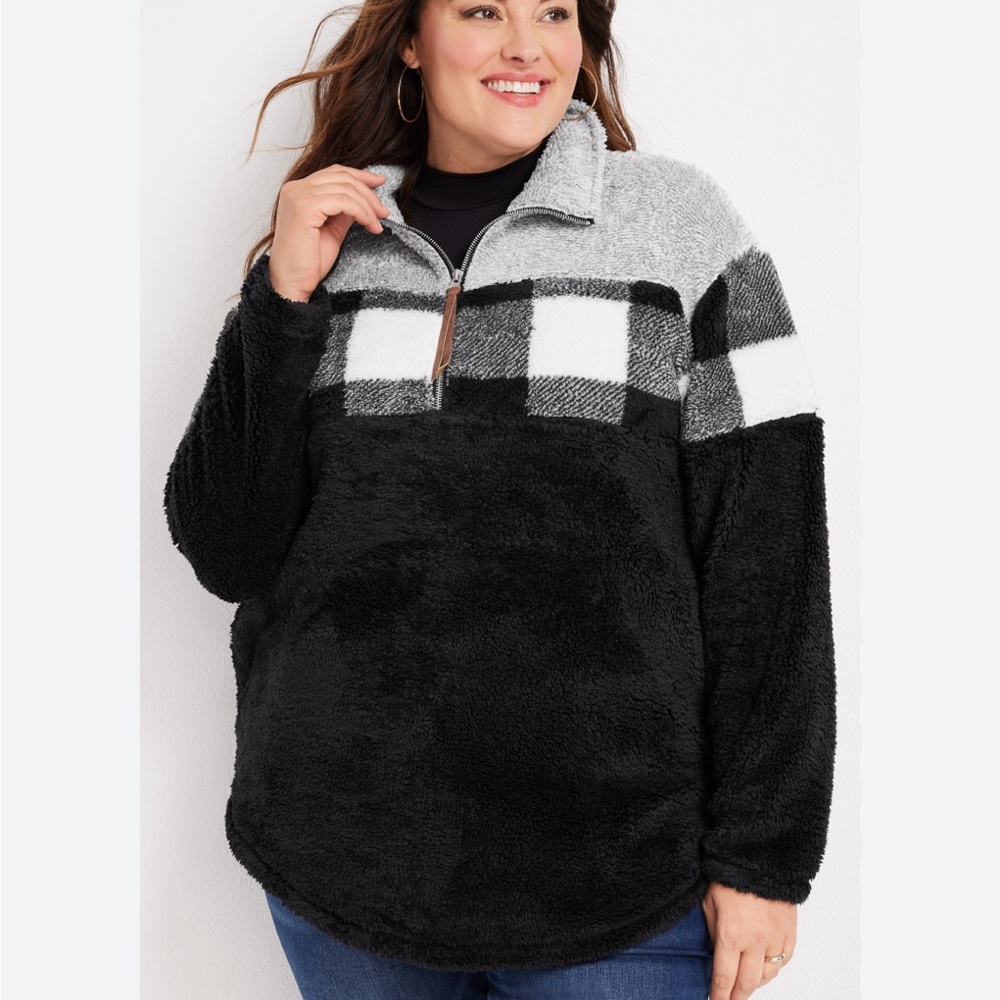 Maurices Lodge Sherpa Plaid Fleece Quarter Zip Longline Pullover Size Large